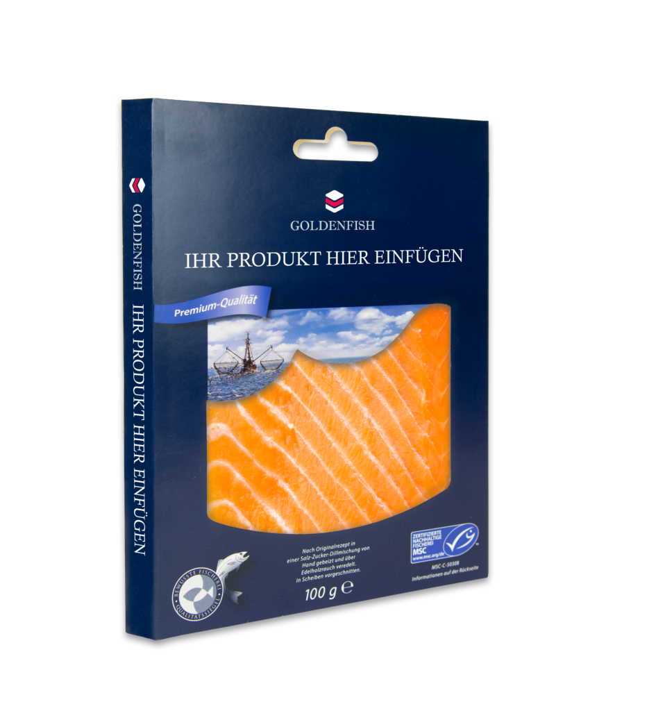 Dunkelblauer Schuber mit Sichtfenster und Eurolochung für Lachs. Text "Goldenfish" und "Ihr Produkt hier einfügen". Ergänzt durch MSC Logo, und zwei Fischerei-relevanten Bildern.