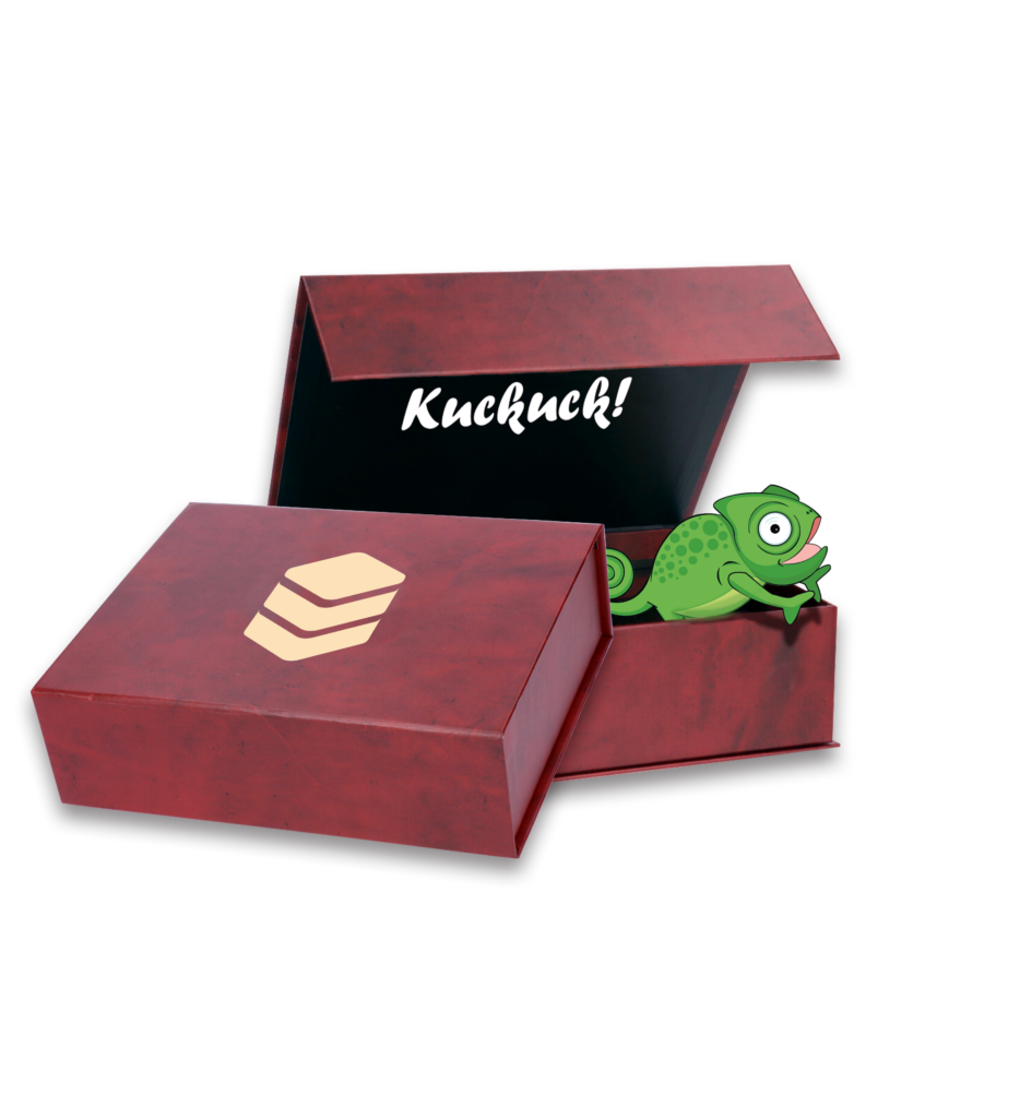 Zwei braune Geschenkboxen mit Magnetverschluss und goldenem Package Plus Icon auf dem Deckel eine offen, eine geschlossen. Schwarze Deckel Innenseite mit Text Kuckuck! und illustriertem grünem Chamäleon, das aus der offenen Schachtel schaut