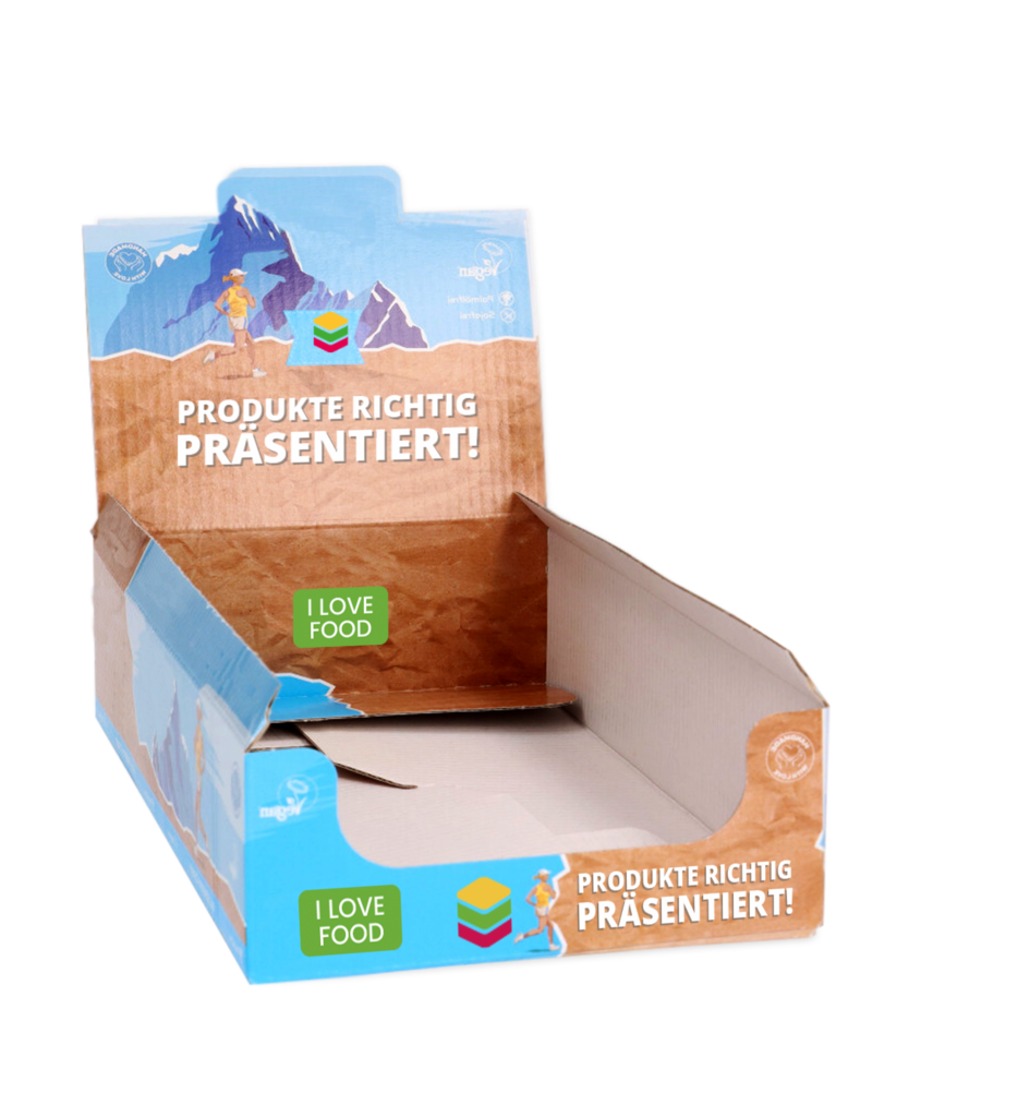 Produktbild eines Trays. Design mit Berg vor blauem Himmel, Sandboden und einer Joggerin. Durch Texte "I Love Food" und "Produkte richtig präsentiert!", das Package Plus Icon weiteren Icons ergänzt.