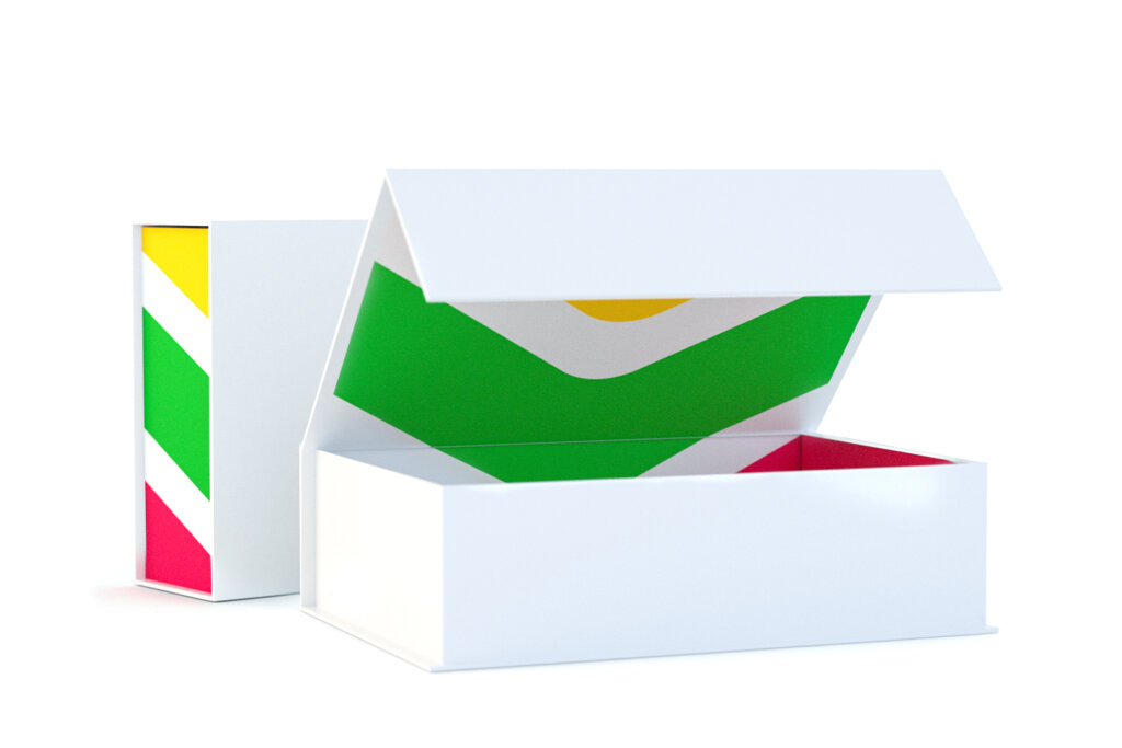 Produkt Bild der Verpackung Geschenkbox aus Vollpappe in weiß und den Package Plus Farben Gelb, Grün, Rot