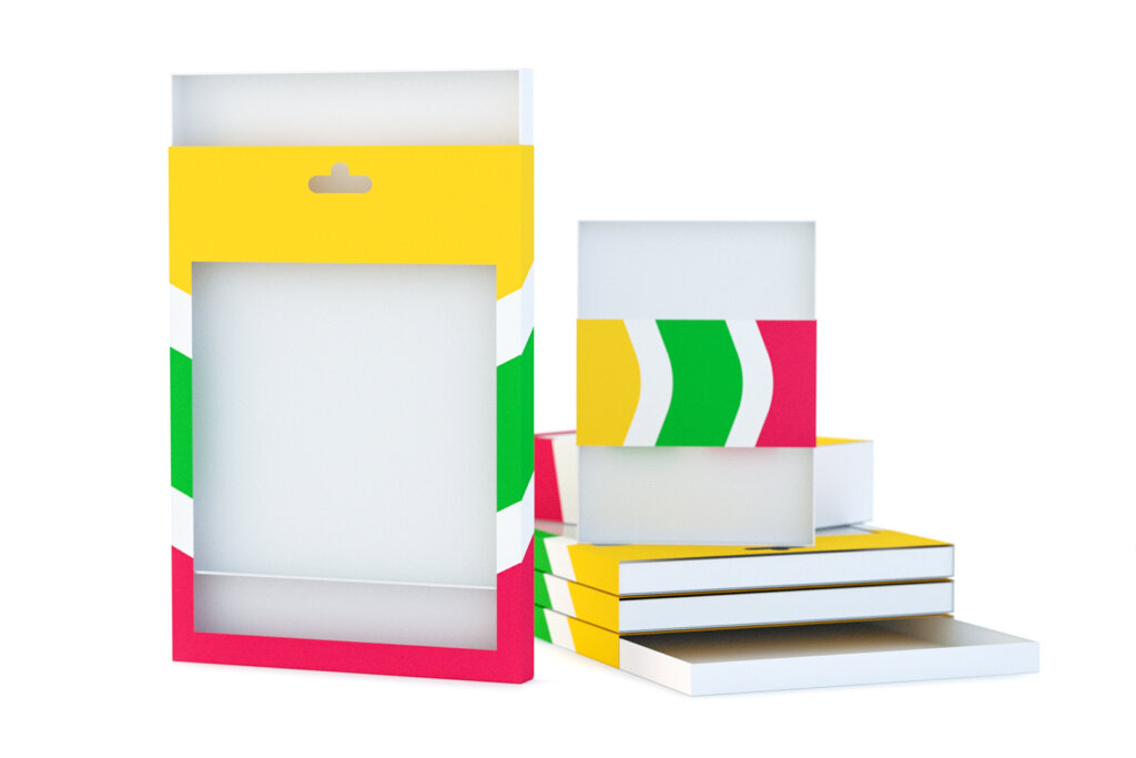 Produkt Bild der Verpackung Stülper aus Vollpappe in weiß und den Package Plus Farben Gelb, Grün, Rot