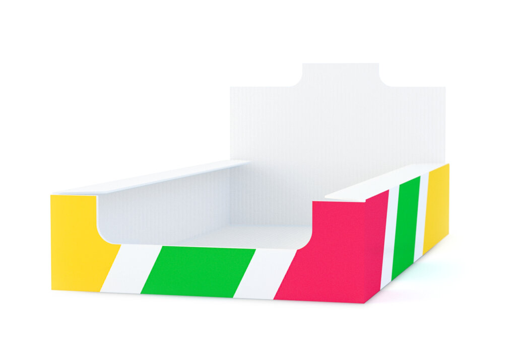 Produkt Bild der Verpackung Tray aus Wellpappe in weiß und den Package Plus Farben Gelb, Grün, Rot