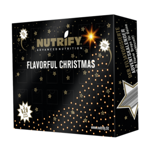 Schwarzer NUTRIFY Flavour Drops Adventskalender mit weihnachtlichem Sterne und Punkte Design