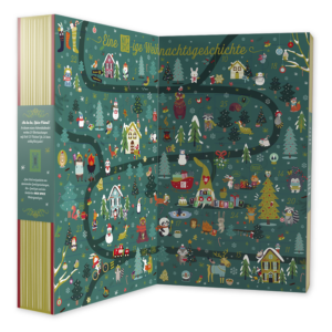 Klappbarer NICE SPICE Adventskalender im Buch-Stil, Ansicht der Innenseite mit Muster aus winterlichen Figuren und Elementen auf grünem Hintergrund